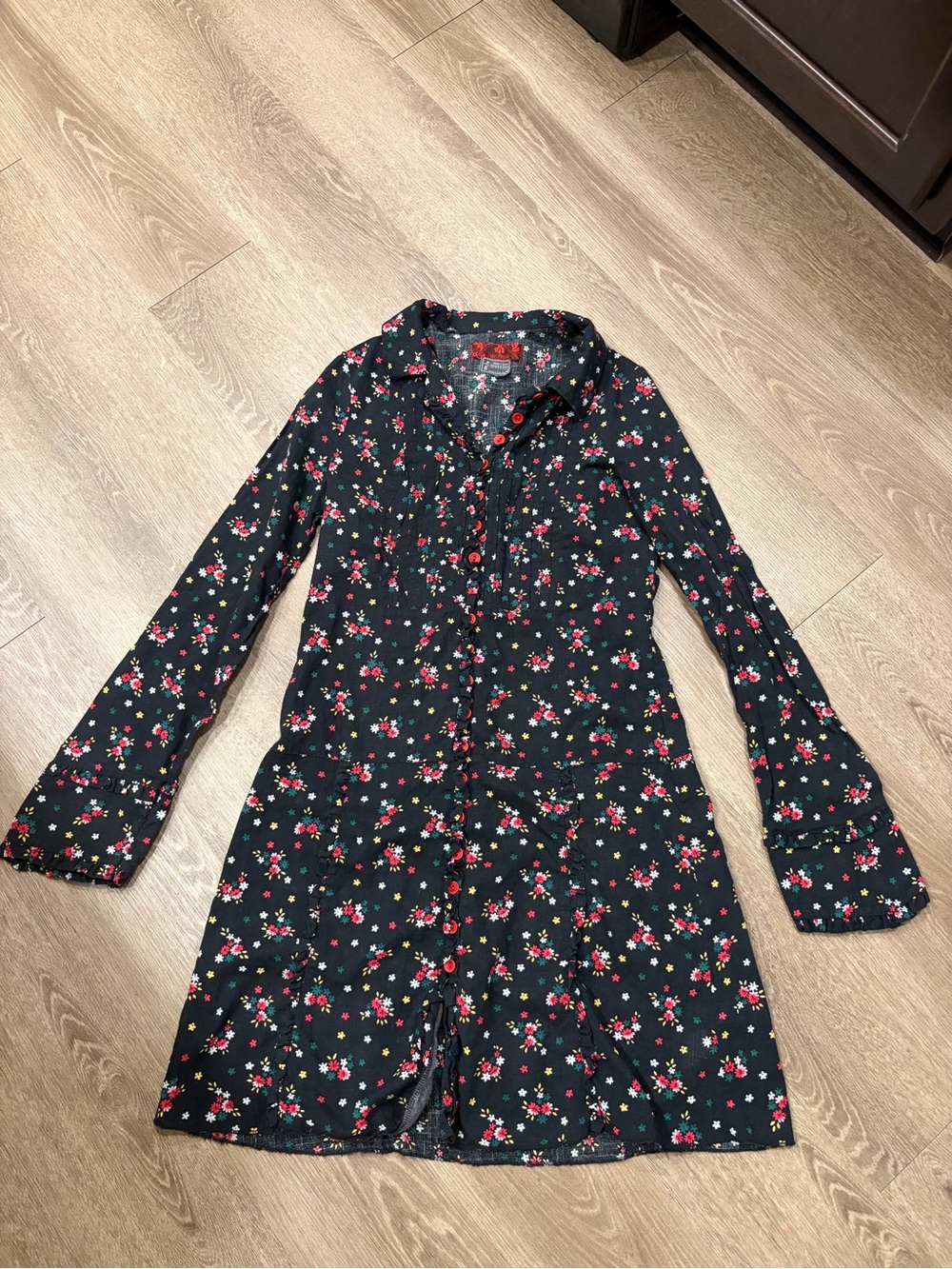 Free People Black Long-Sleeve Floral Button-Front Dress